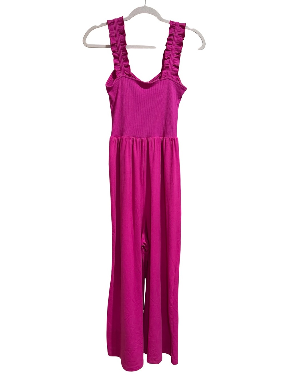 💖 Entro Hot Pink Cropped Wide Leg Jumpsuit Ruffled Strap Size Small - Picture 13 of 14